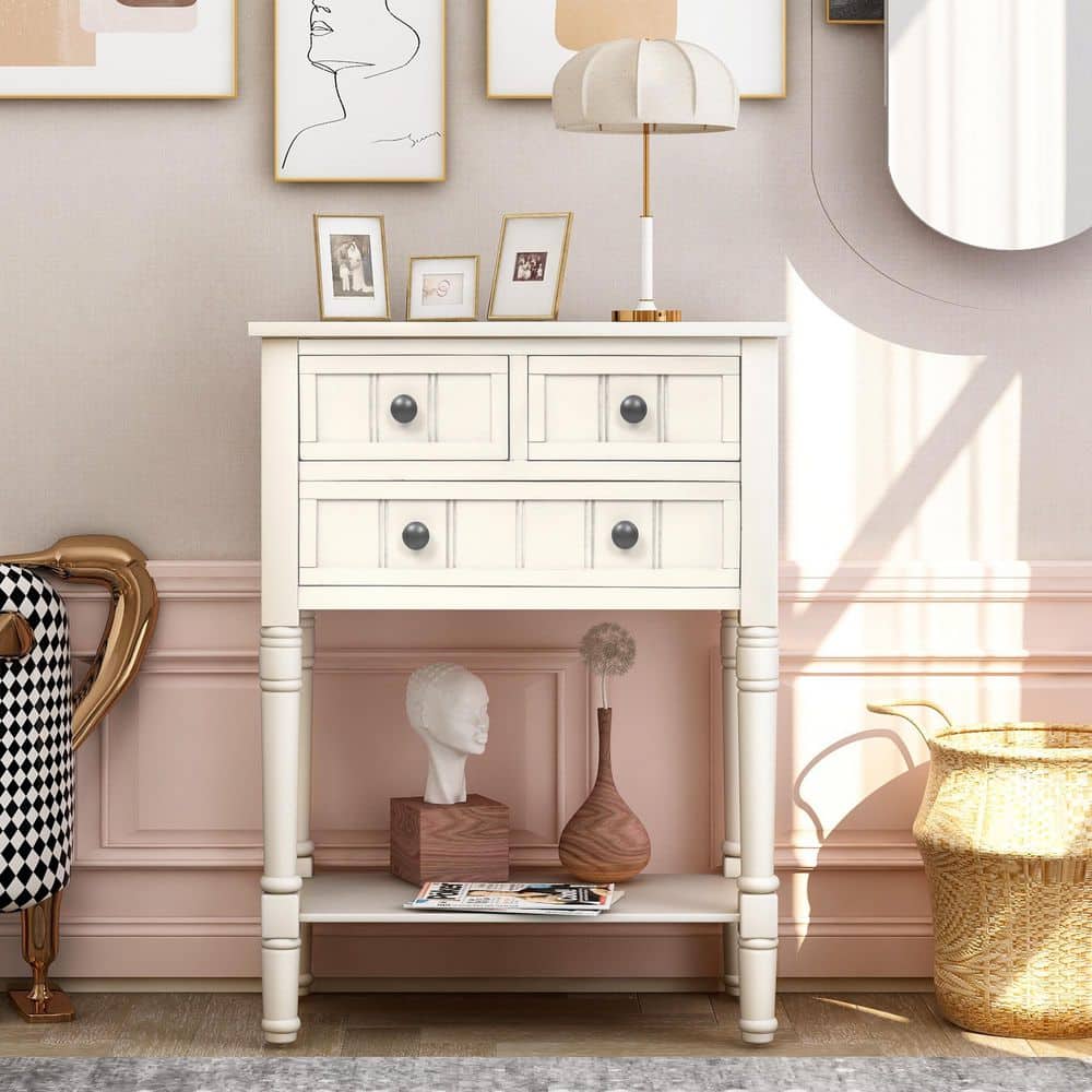 23.7 in. Ivory White Rectangle Wood Console Table with 3-Drawers