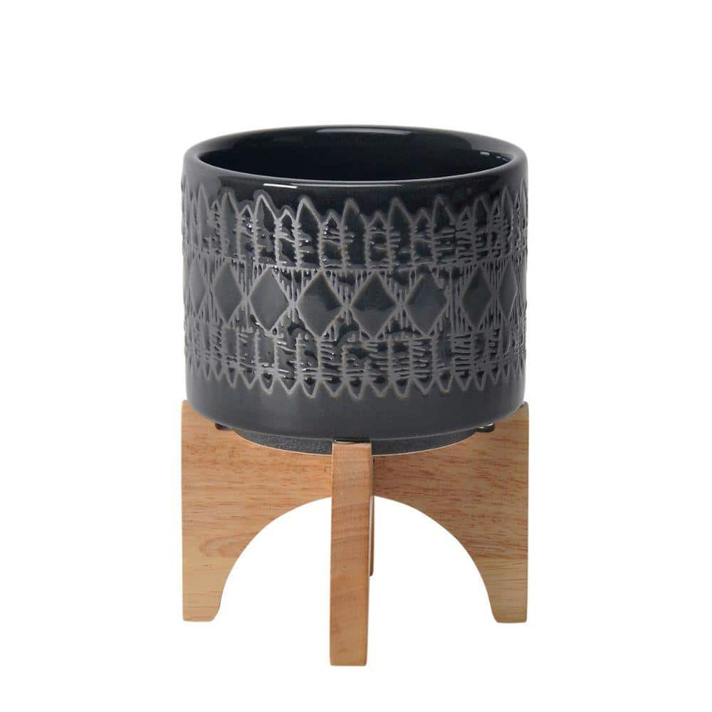 Benjara 5 in. Small Black Ceramic Planter with Wooden Stand and Native Design -  Benzara, BM263830