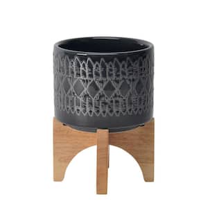 5 in. Small Black Ceramic Planter with Wooden Stand and Native Design