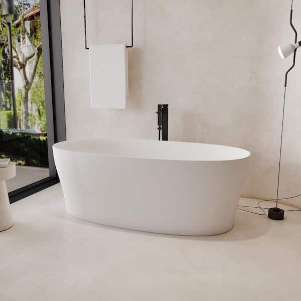 63 in. x 30 in. Freestanding Stone Resin Solid Surface Soaking Bathtub in Matte White with Widened Inclined Backrest