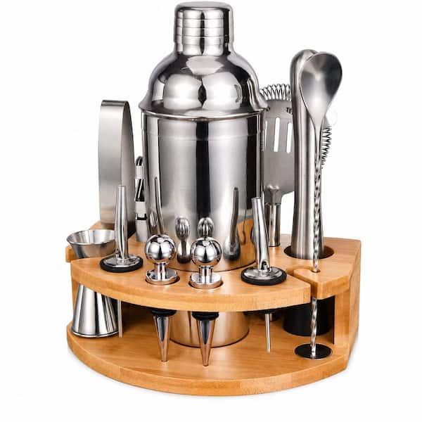 12-Piece Silver Stainless Steel Cocktail Shaker Set with Bamboo Stand and Bar Tools
