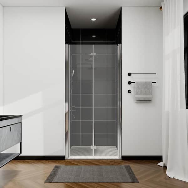 ANGELES HOME 36-37 3/8 in. W x 72 in. H Bi-Fold Semi-Frameless Shower Door in Chrome Finish with 1/4 in. Tempered Clear Glass