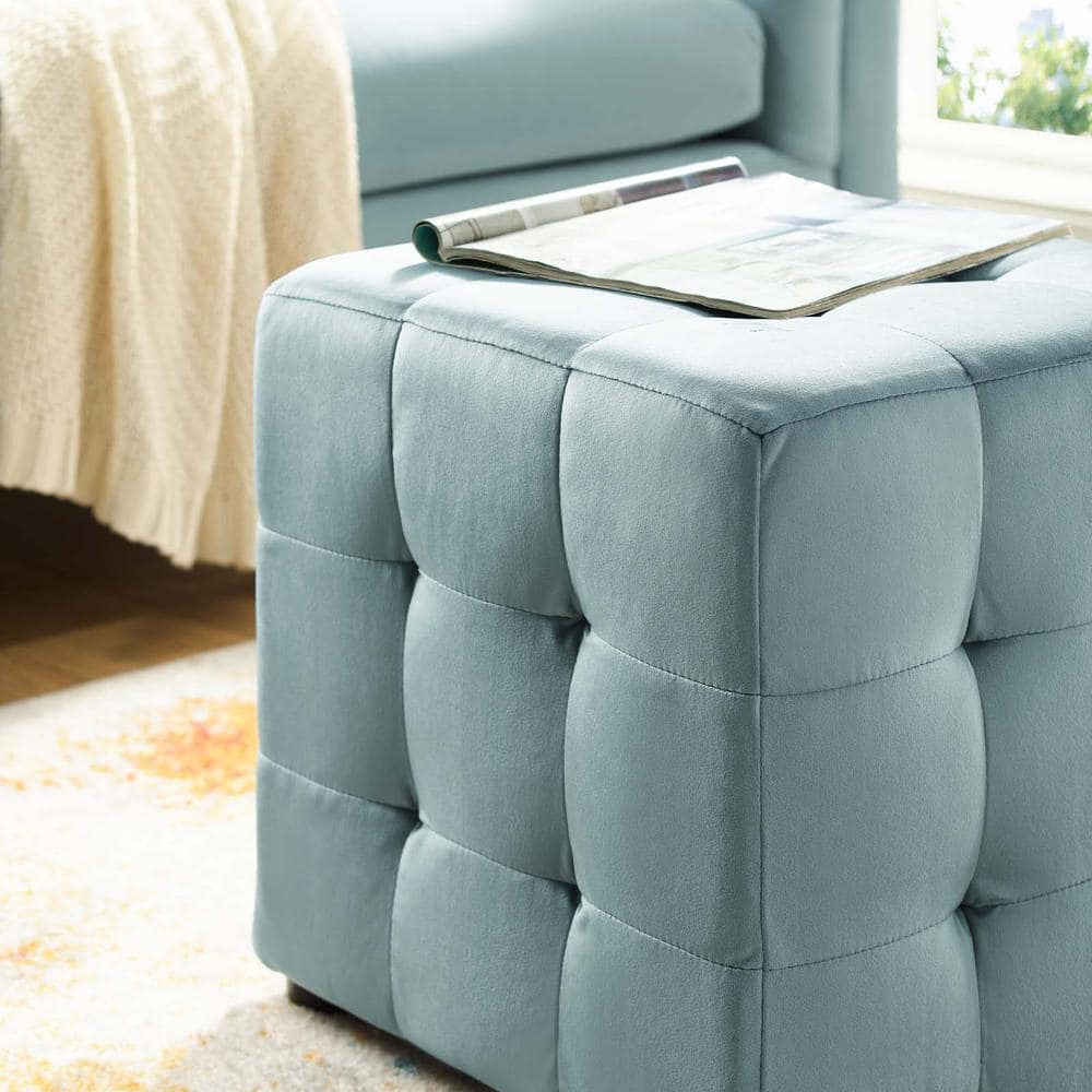 Elegant Charm Light Blue Tufted Velvet Pouf Ottoman