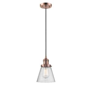 Cone 1-Light Antique Copper Shaded Pendant Light with Seedy Glass Shade