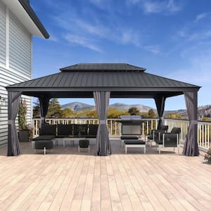 14 ft. x 20 ft. Gray Aluminum Hardtop Gazebo Canopy for Patio Deck Backyard Heavy-Duty with Netting and Upgrade Curtains