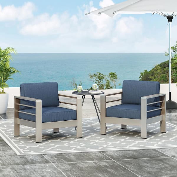 Noble House Miller Silver Aluminum Outdoor Lounge Chair with Blue Cushions (2-Pack)