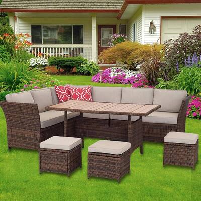 Brown 7-Piece PE Wicker Outdoor Patio Sectional Sofa with Beige Cushions and Dining Table