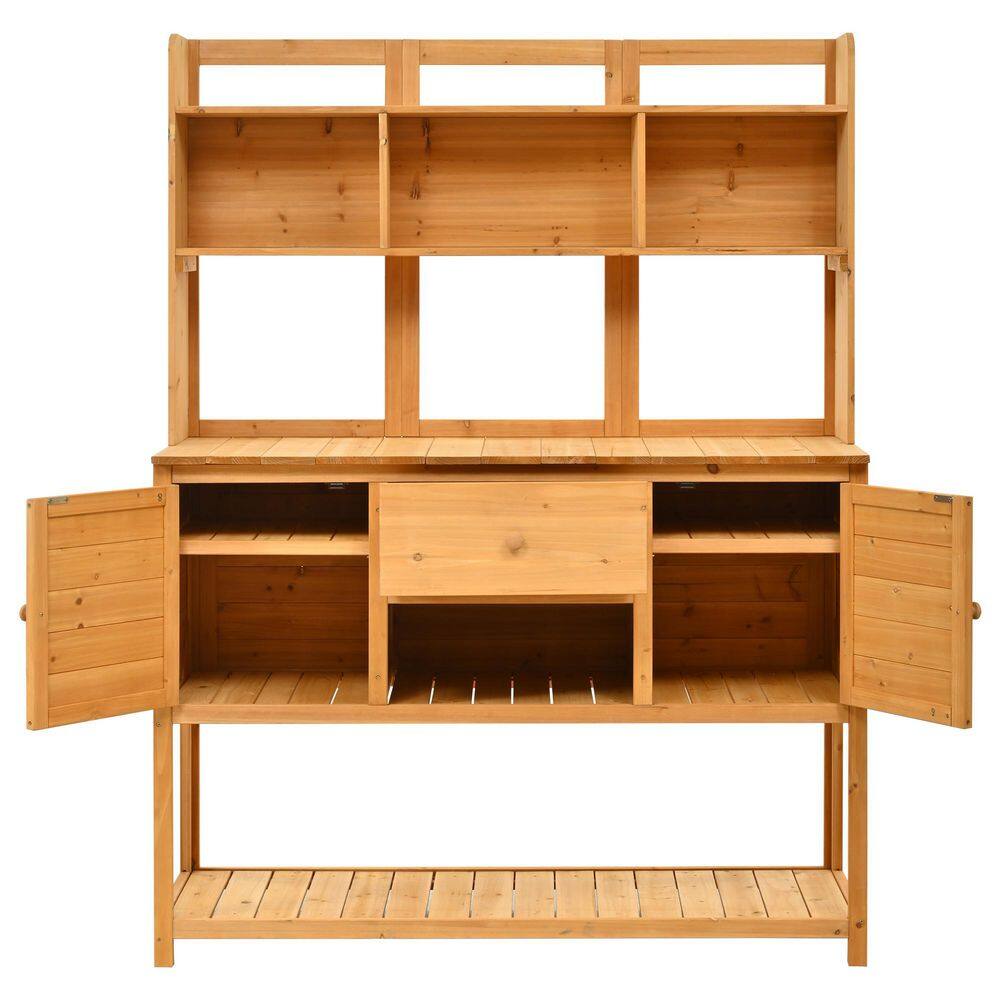 Natural Solid Wood Potting Bench Garden Workstation with Hutch, Drawer and 
