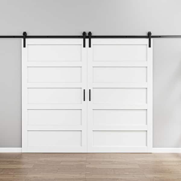 96 in. x 84 in. Paneled 5-Lites White MDF with PVC Finished Sliding Barn Door Slab with Hardware Kit and Soft Close