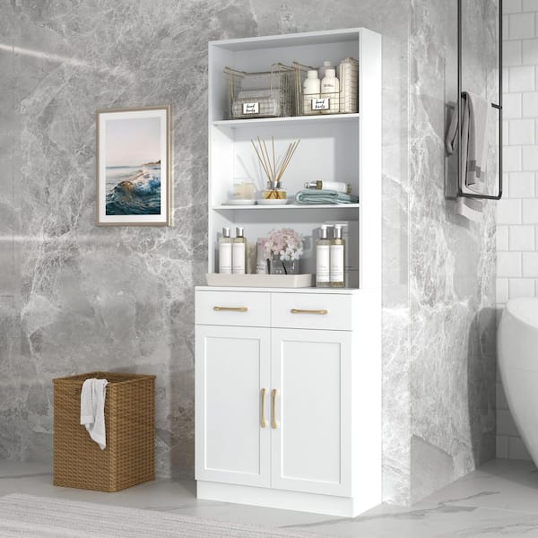XUJMK 26 in. W x 11 in. D x 70 in. H White Linen Cabinet, Bathroom Storage Cabinet with Door and Drawer, 3-layer Open Shelf