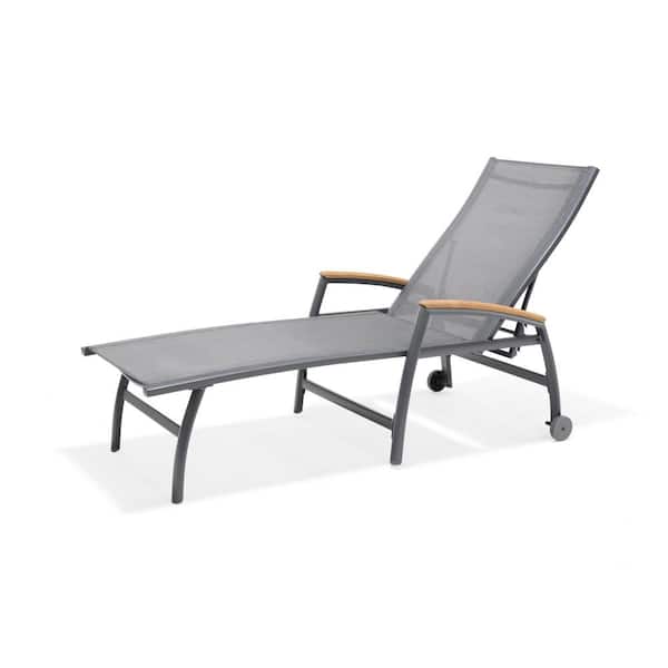 Hampton Bay Lismore Sun Lounger Aluminum with Weather Net Back and Seat and Wooden Armrest