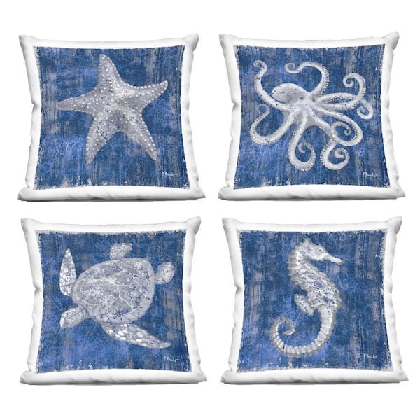 Sea Life on Abstract Blue Abstract Polyester 18 in. x 18 in. Throw Pillow, (Set of 4)