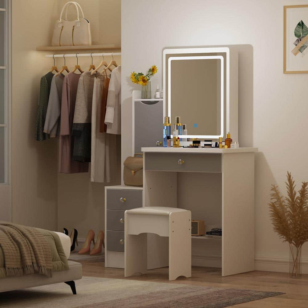 4-Drawers White Wood Makeup Vanity Sets Dressing Table Sets with Stool, Mirror, LED Light, Door and Storage Shelves - thumbnail 2