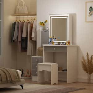 4-Drawers White Wood Makeup Vanity Sets Dressing Table Sets with Stool, Mirror, LED Light, Door and Storage Shelves