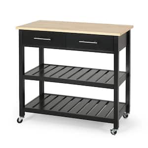 Compact Black Wood Tabletop 36 in. Kitchen Island with Drawers and Open Shelf
