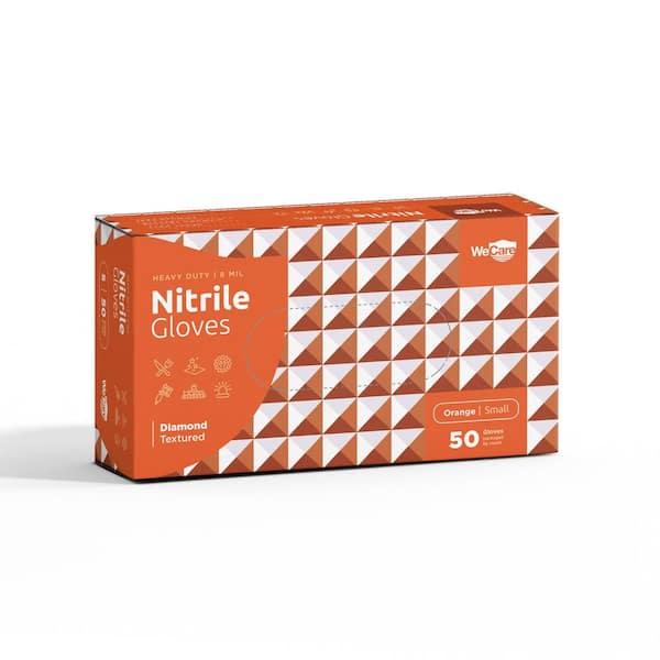 WeCare 8 Mil Small Heavy-Duty Nitrile Gloves in Orange with Diamond Texture Grip Powder and Latex Free (50-Count)