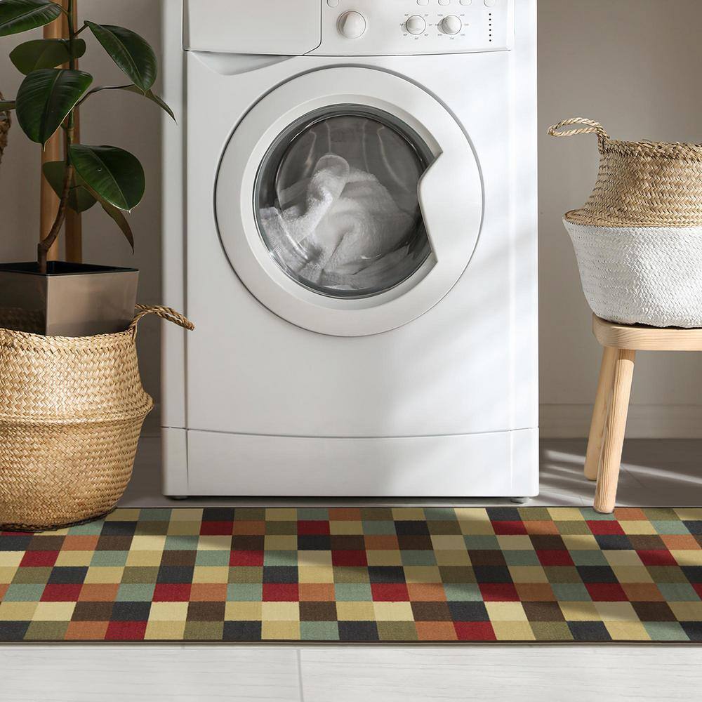 Multicolor Checkered Non-Slip Runner Rug with Rubber Backing
