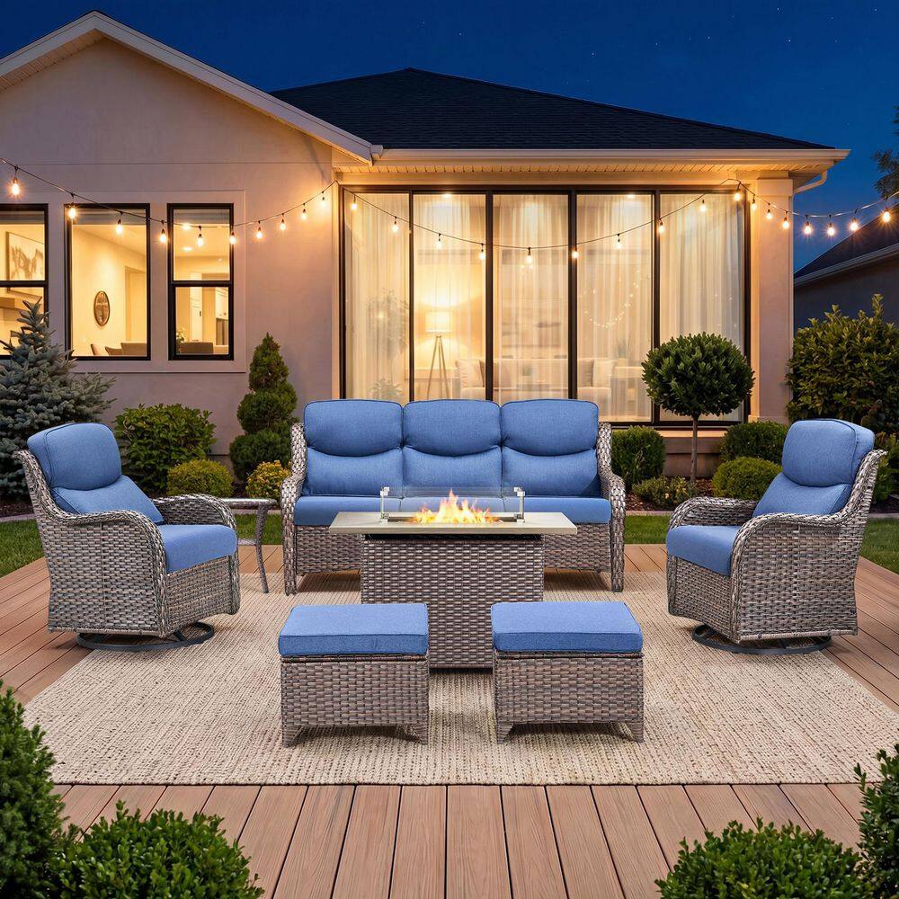 Sialion Brown 7-Piece Wicker Fire Pit Conversation Set Outdoor Swivel Glider Chairs with 5 in. Thick Bule Cushions price history on PriceWatchPro