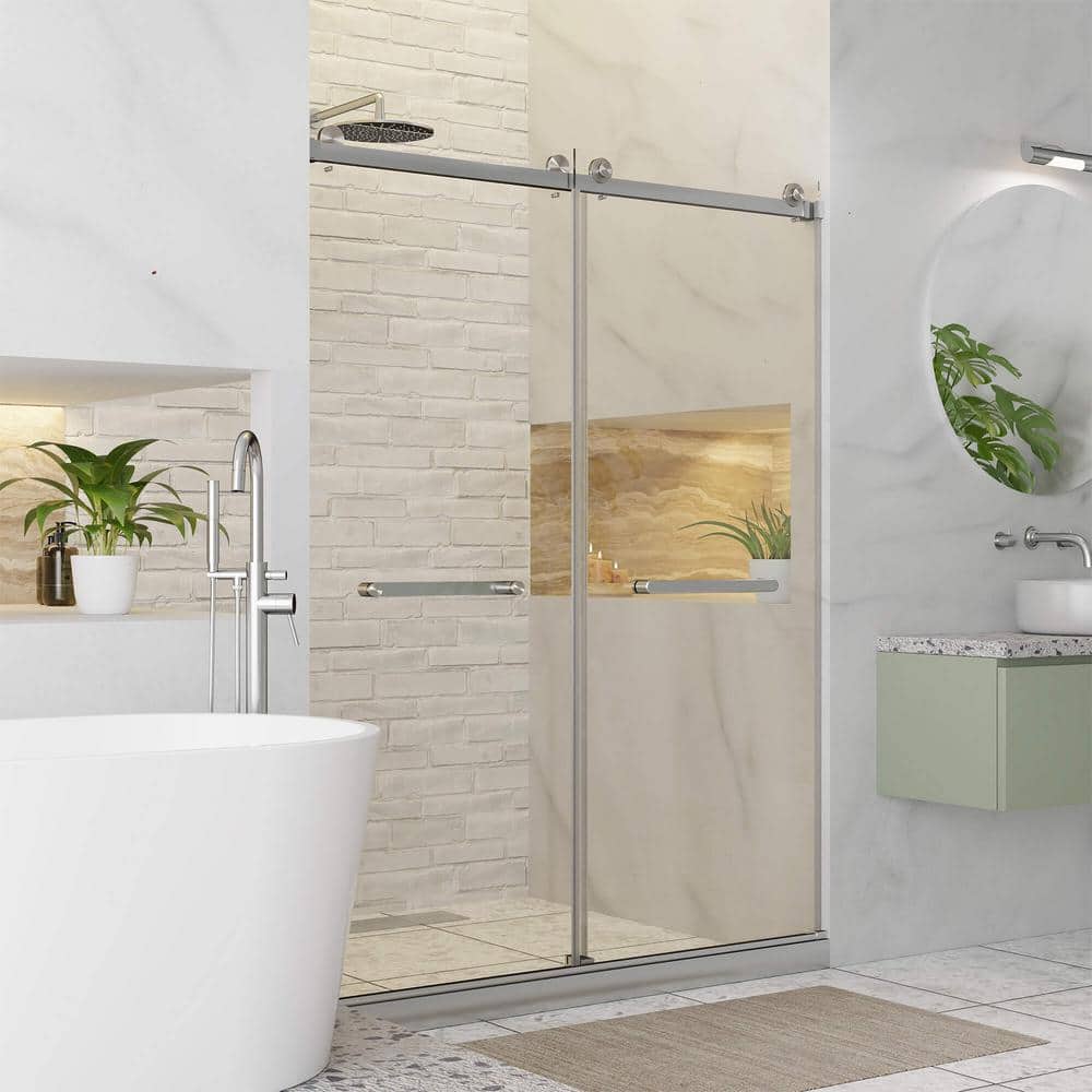 48'' W x 80'' H Satin Nickel Frameless Sliding Shower Door