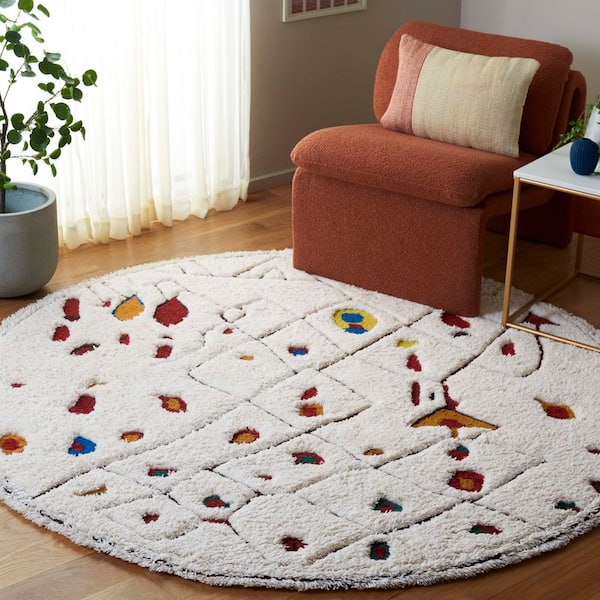 Casablanca Ivory/Red 6 ft. x 6 ft. High-Low Abstract Aztec Round Area Rug