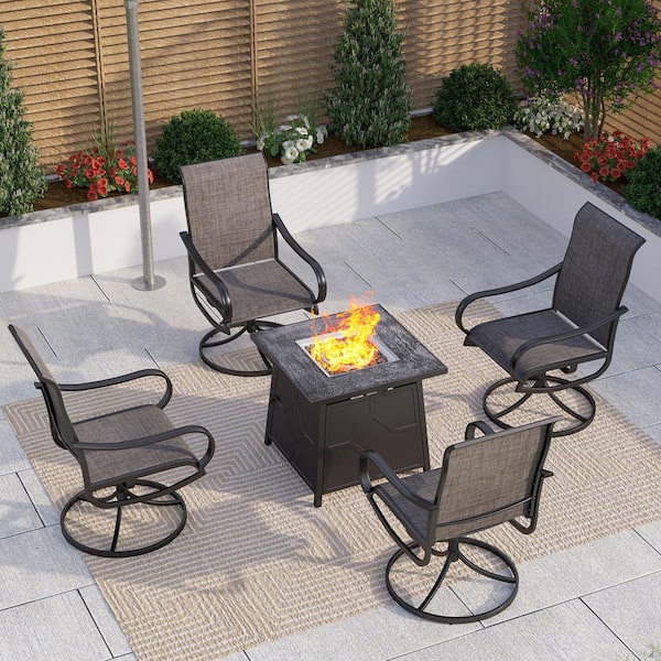 PHI VILLA Black 5-Piece Metal TerrFab Top Patio Fire Pit Set with 4 Swivel Textilene Dining Chair