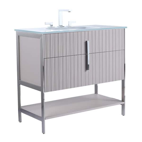 FINE FIXTURES 36 in. W x 18 in. D x 33.5 in. H Single Sink Bath Vanity in Bright Taupe with Glass Top in White with Chrome Hardware