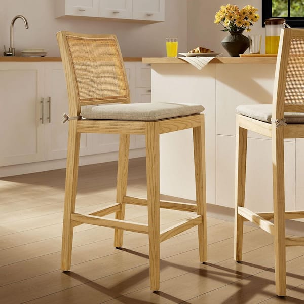 Ovard Wood Counter Stool in Natural with Rattan Back