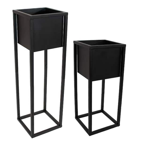 Sunnydaze Sunnydaze Modern Simplicity 8.25 in. x 19.75 in. H and 27 in. H Black Steel Square Planters