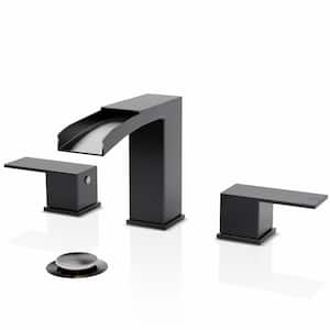 2 Handles Waterfall Bathroom Faucet for 3 Holes Sink with Pop Up Drain Assembly and Water Supply Lines in Matte Black