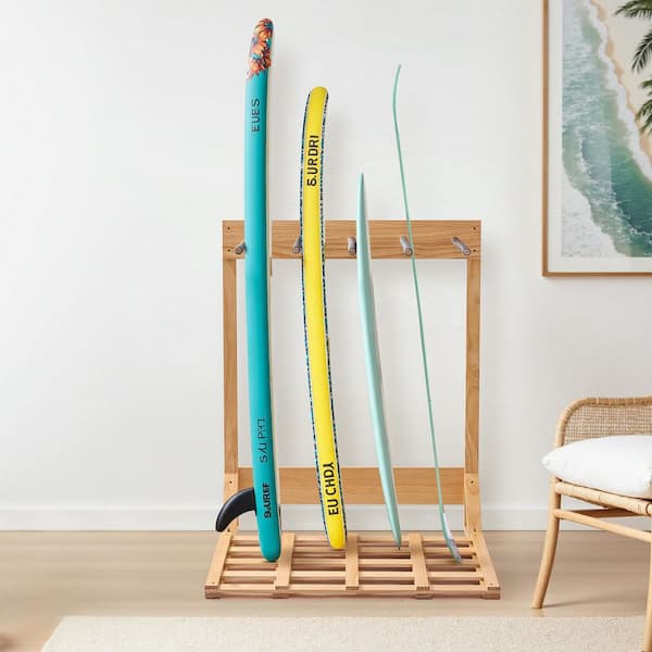 SKYSHALO Vertical Surfboard Stand, 4 Tiers Wooden Surfboard Rack