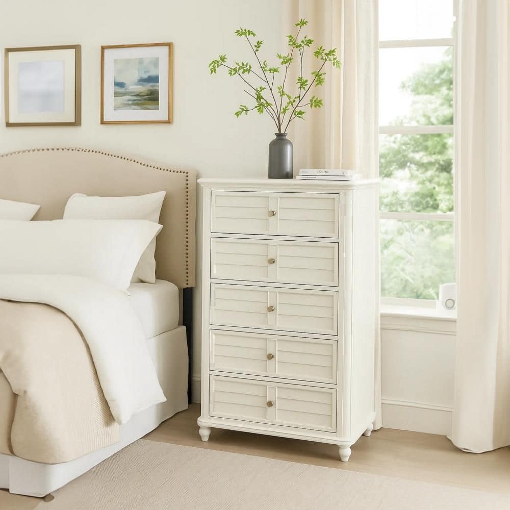 Drawer - yoihi ヨイヒ　フリルギャザージレ　ホワイト　エクリュ Benjara Kyna White 5 Drawer 18 in. Wide Chest of Drawers BM340875