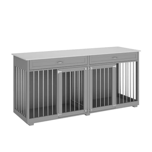 FUFU&GAGA Modern Large Dog Kennel Furniture with 2-Drawers, Indestructible Dog Cage Pens with Removable Irons for S M L Dogs Gray