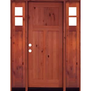 60 in. x 80 in. Alder 3 Panel Right-Hand/Inswing Clear Glass Red Chestnut Stain Wood Prehung Front Door with Sidelites