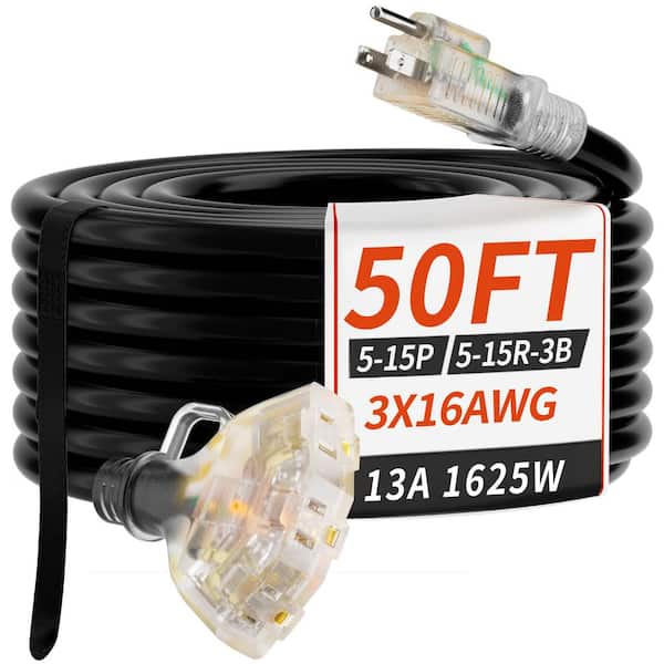 50 ft. 16/3 Gauge Outdoor Extension Cord w/Multiple Outlets, 3 Way Plug, Heavy Duty Weatherproof, Black, 13A 1625W, SJTW