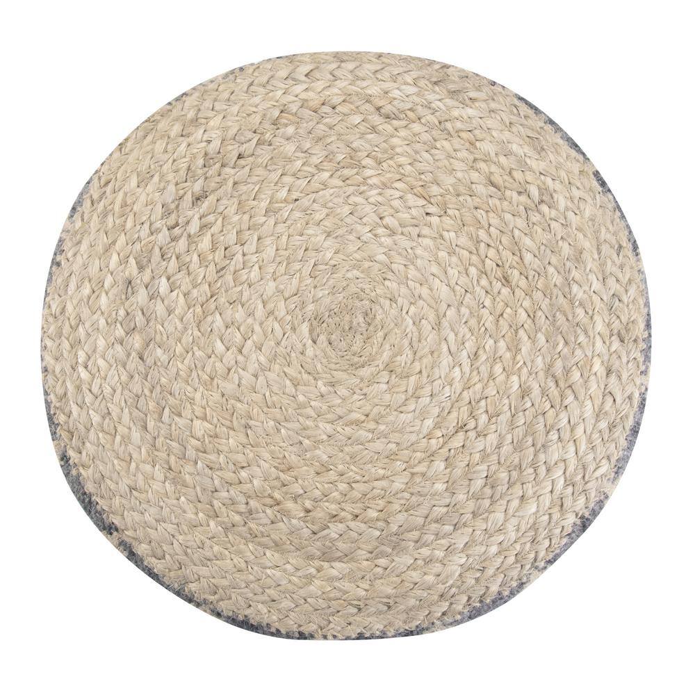 Edgeley Boho Chic Round Pouf in Grey and Natural Jute