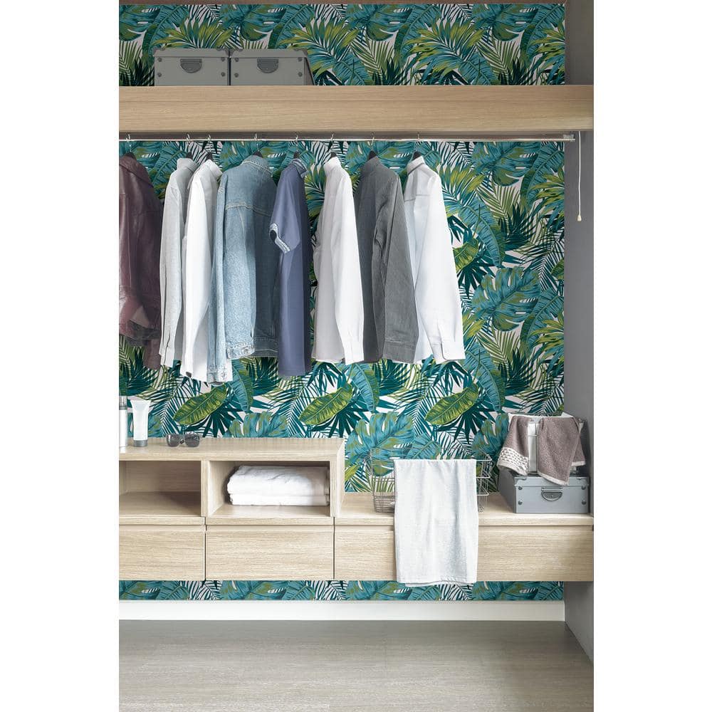 Tropical Palm Teal and Green Vinyl Peel and Stick Wallpaper