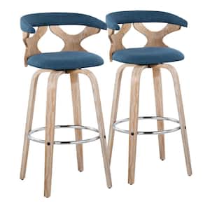 Gardenia 29.25 in. Blue Fabric, White Washed Wood and Chrome Metal Fixed-Height Bar Stool Round Footrest (Set of 2)