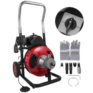Electric Drain Auger 50 ft. x 1/2 in. Sewer Snake Drill Two 50-Watt w/Cutters Foot Switch for 2 in. to 4 in. Pipes, Red
