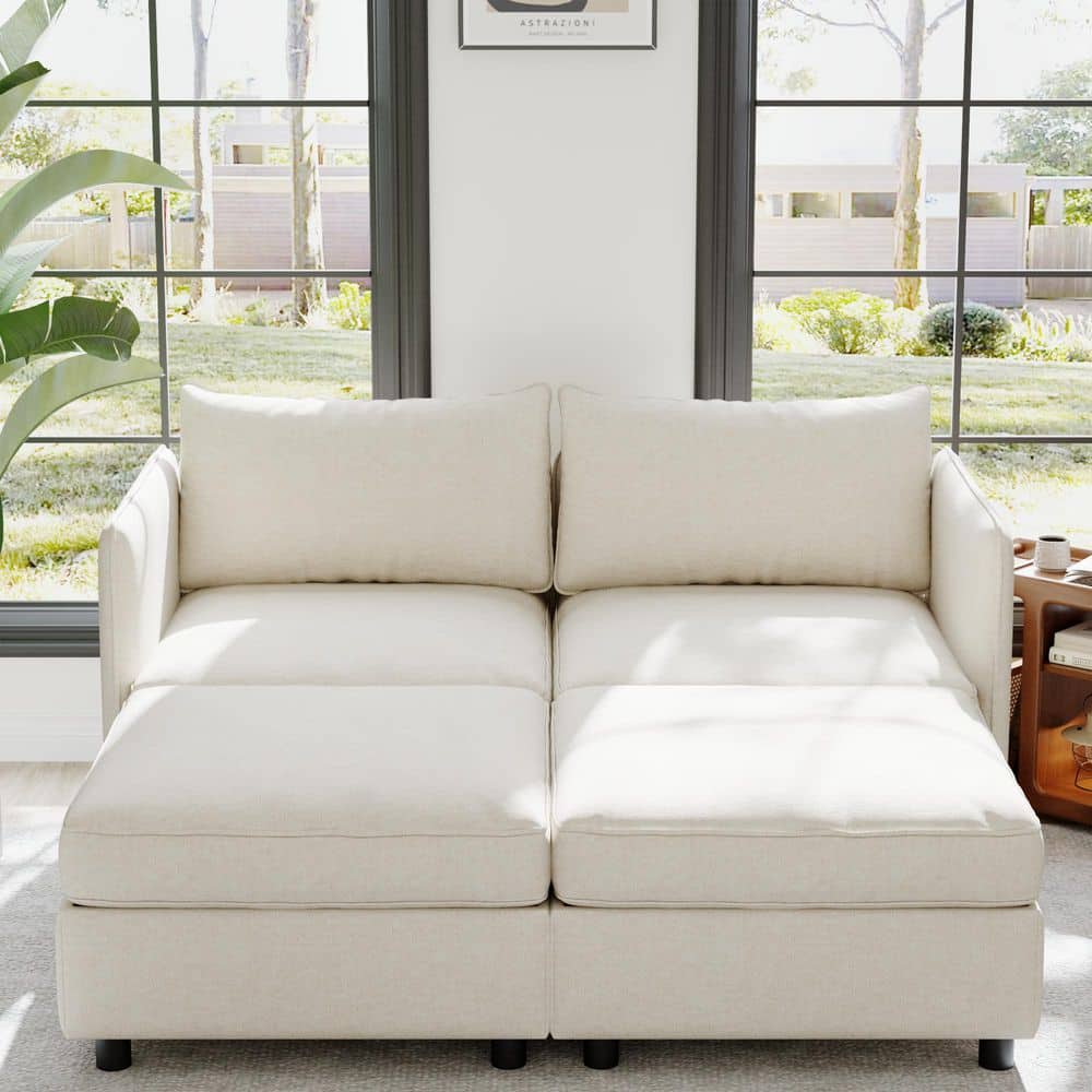 Modular 68 in. 4-Piece Chenille Upholstered Sectional Sofa in. Beige with Storage Seats, Ottomans