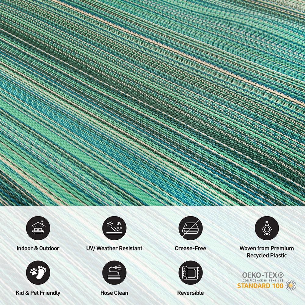 Blue and Green Striped Synthetic Reversible Area Rug 8' x 10'