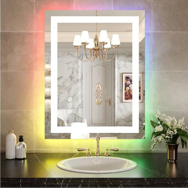 KIOTEE 28 in. W x 36 in. H Rectangular Frameless LED Frontlit, RGB Backlit Anti-Fog Tempered Glass Wall Bathroom Vanity Mirror