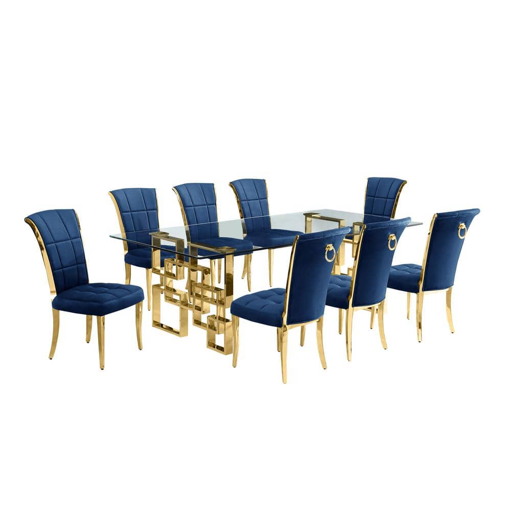 Best Quality Furniture Dominga 9Piece Rectangular Glass Top Gold