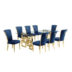 Dominga 9-Piece Rectangular Glass Top Gold Stainless Steel Dining Set with 8 Navy Blue Velvet Fabric Gold Chrome Chair