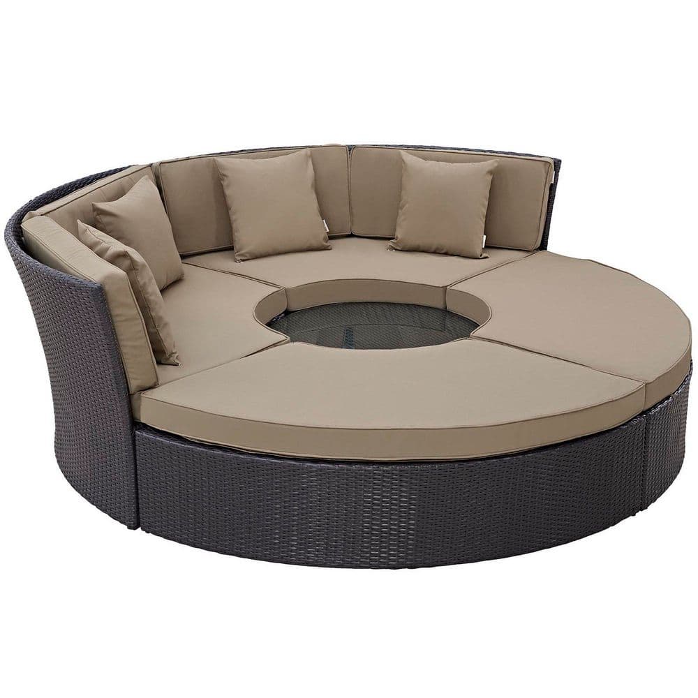 Convene Wicker Rattan Outdoor Patio Round Poolside Sectional Sofa Daybed with Cushions in Espresso Mocha