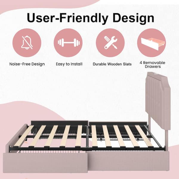 Button Tufted Upholstered Bed with 4-Drawers and Charging Station Bed Frame Adjustable Headboard Beige Full Platfoem Bed
