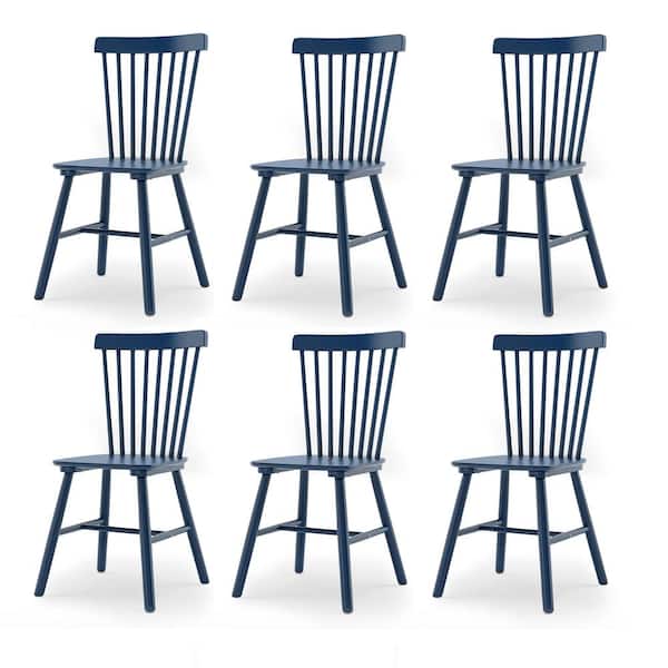 LUE BONA 18 in. Dark Blue Classic Windsor Dining Chair, Solid Wood High Spindle Back Kitchen Chair Set of 6