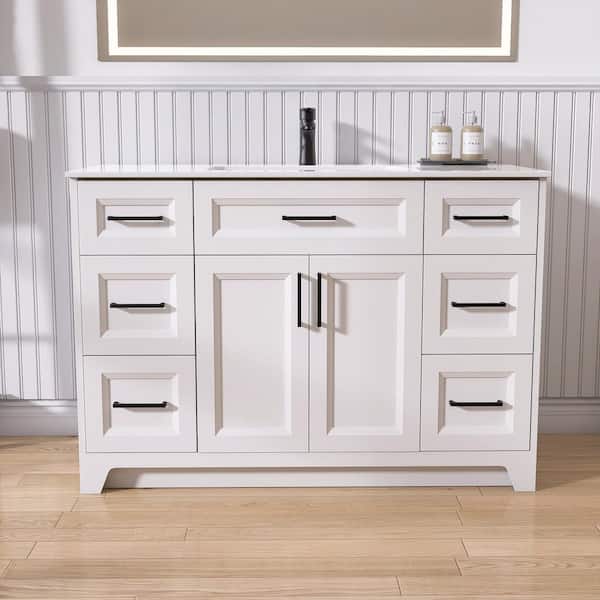 48 in. W x 21.5 in. D x 34.1 in. H Freestanding Bath Vanity White Solid Wood Cabinet and Single Basin Solid Surface Top