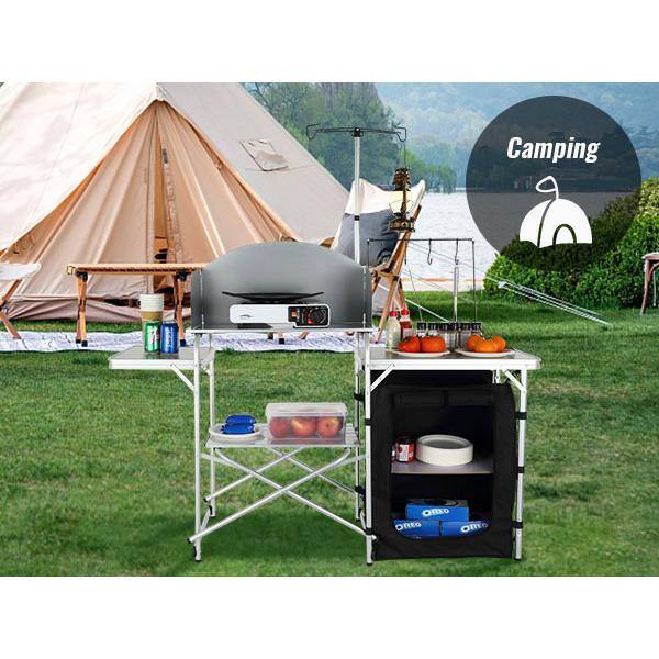 Black Aluminum Folding Camping Kitchen Table with Storage and Windscreen