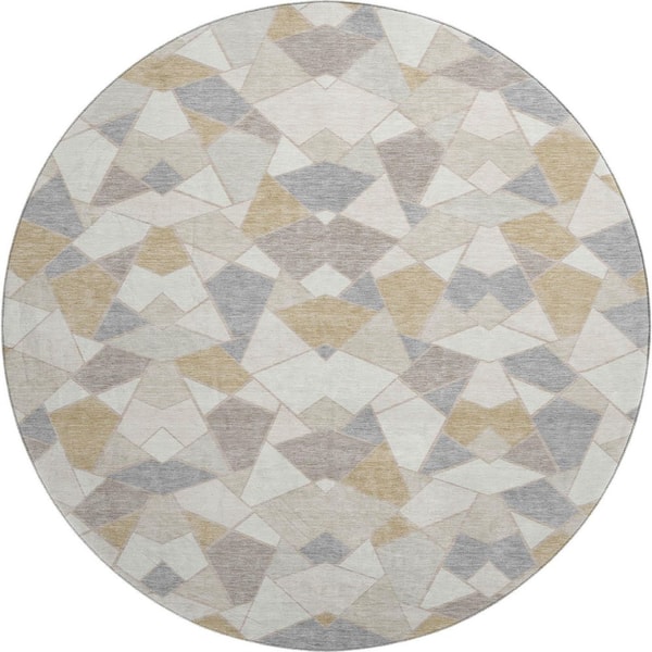 Mayfield Premium Machine Washable Abstract AMF2504 Ivory 8 ft. x 8 ft. Round Rug