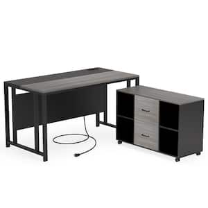 Capen 55 in. L-Shaped Gray Engineered Wood 2-Drawer Executive Desk with Power Outlet Shelves and Drawer Cabinet